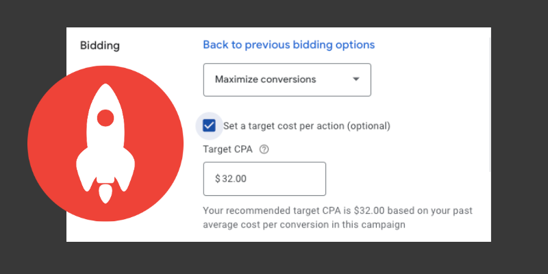 screenshot of Google Ads bidding section with Maximize Conversions and the option to set a target CPA selected